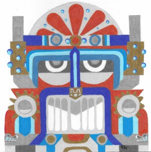 A colored pencil illustration of a truck using an aztec motif